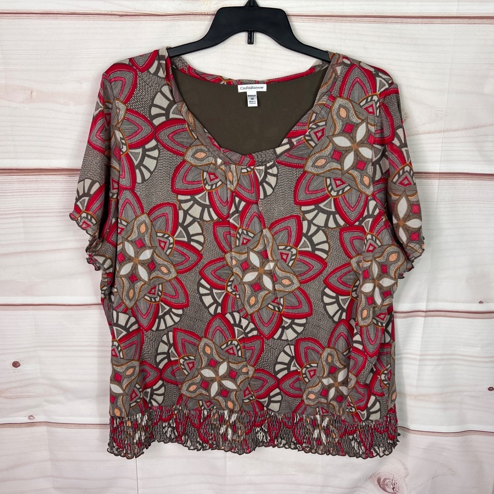 Croft & Barrow Top Womens 3X Brown Red Geometric Blouse Mesh Knit Elastic Waist